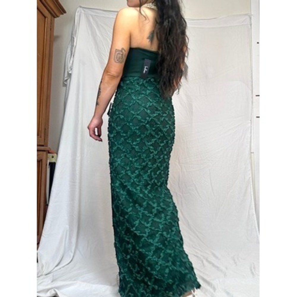 Lulus Dark Green Strapless 3D Rosette Lace Maxi Dress High Slit Gown Small NEW - Picture 3 of 6